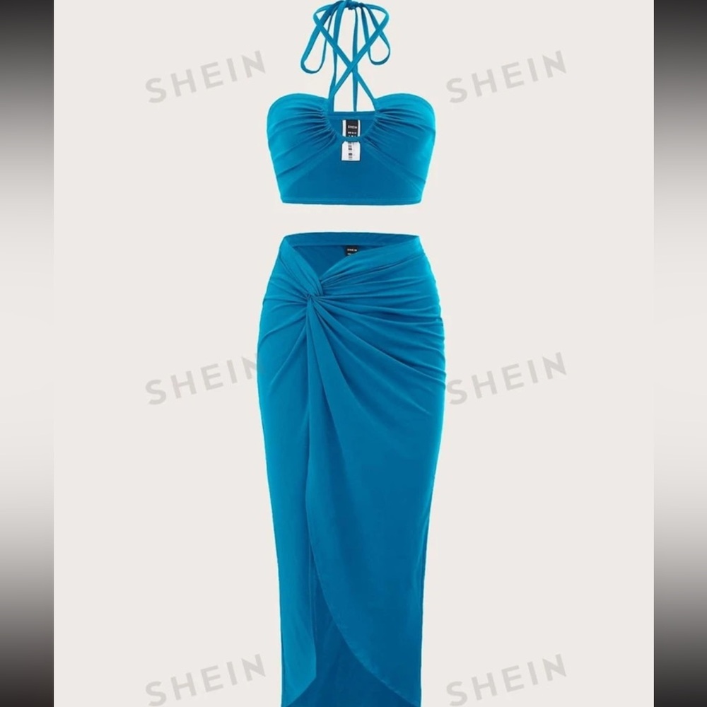 tie backless halter top & twist front skirt